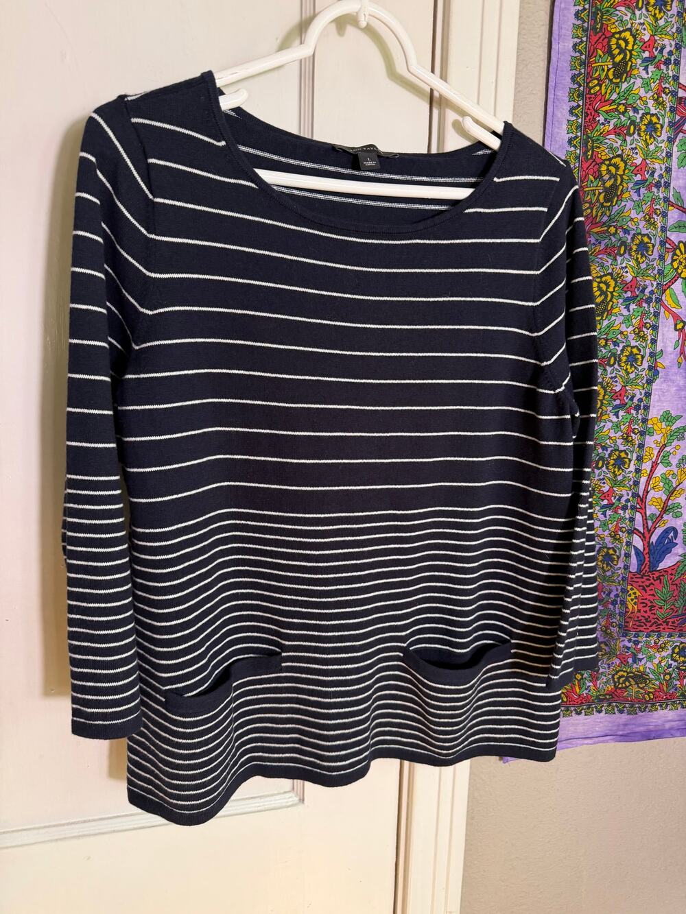 Ann Taylor Large Navy White Striped Sweater Tunic Top 3/4 Sleeve Pockets